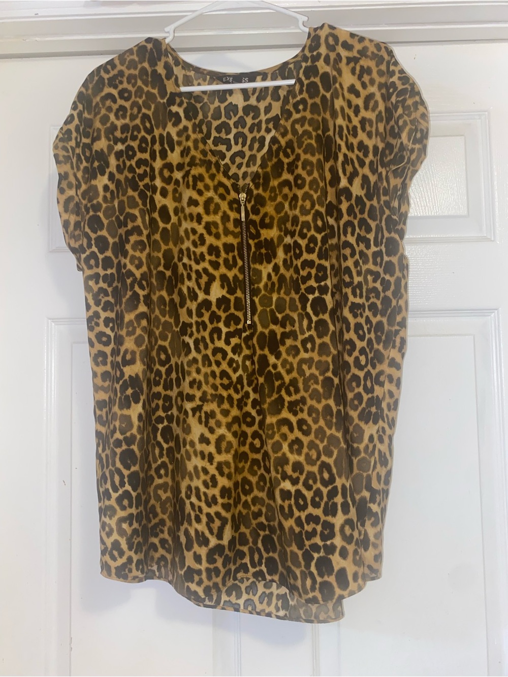 Express leopard Print Short Sleeve Zip-Front Women’s Top - Brown